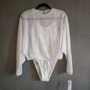 HAH Long Sleeve Lace Bodysuit Mesh Overlay White&Cream (M)